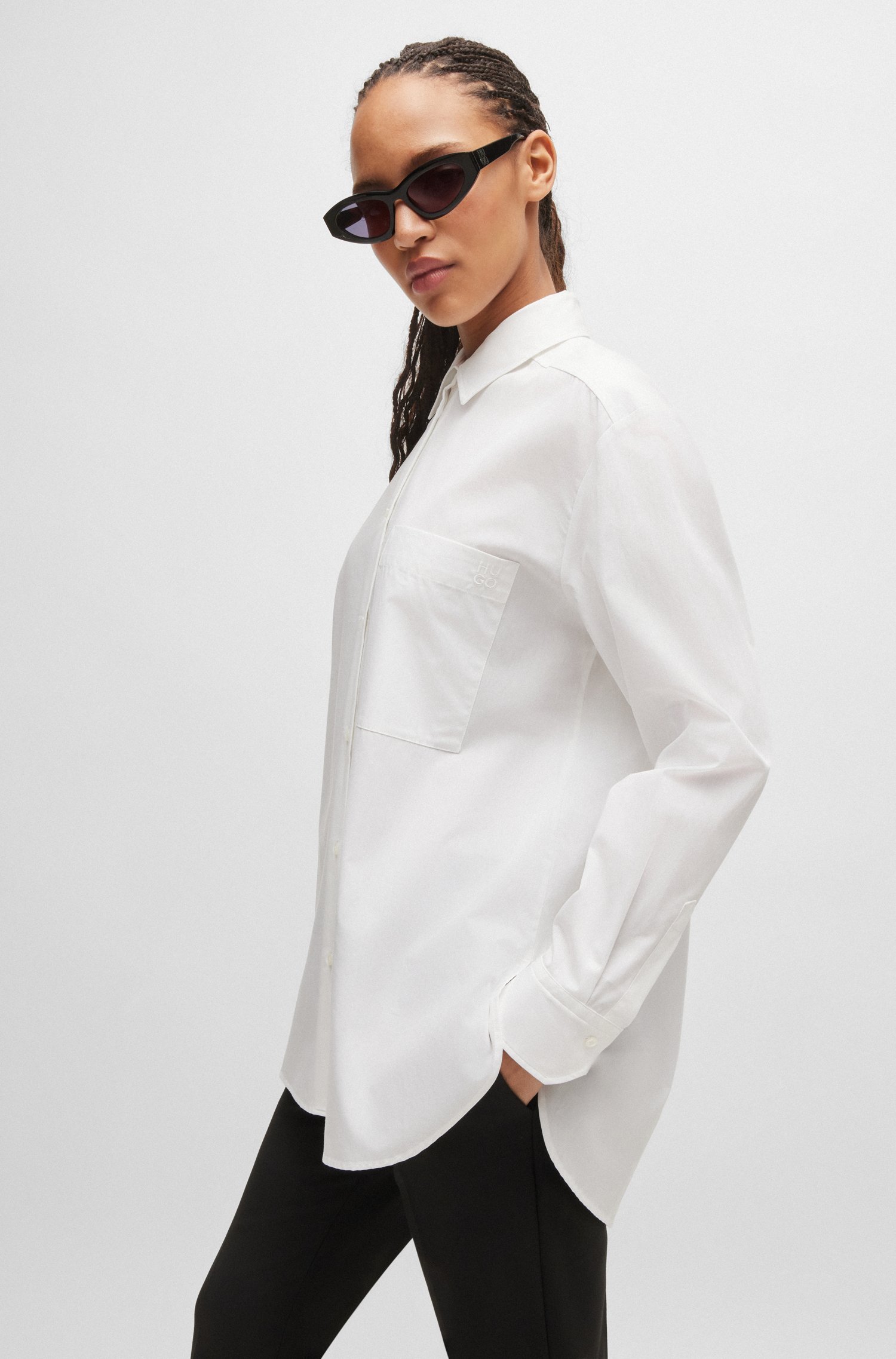 Oversize-fit blouse cotton canvas with point collar