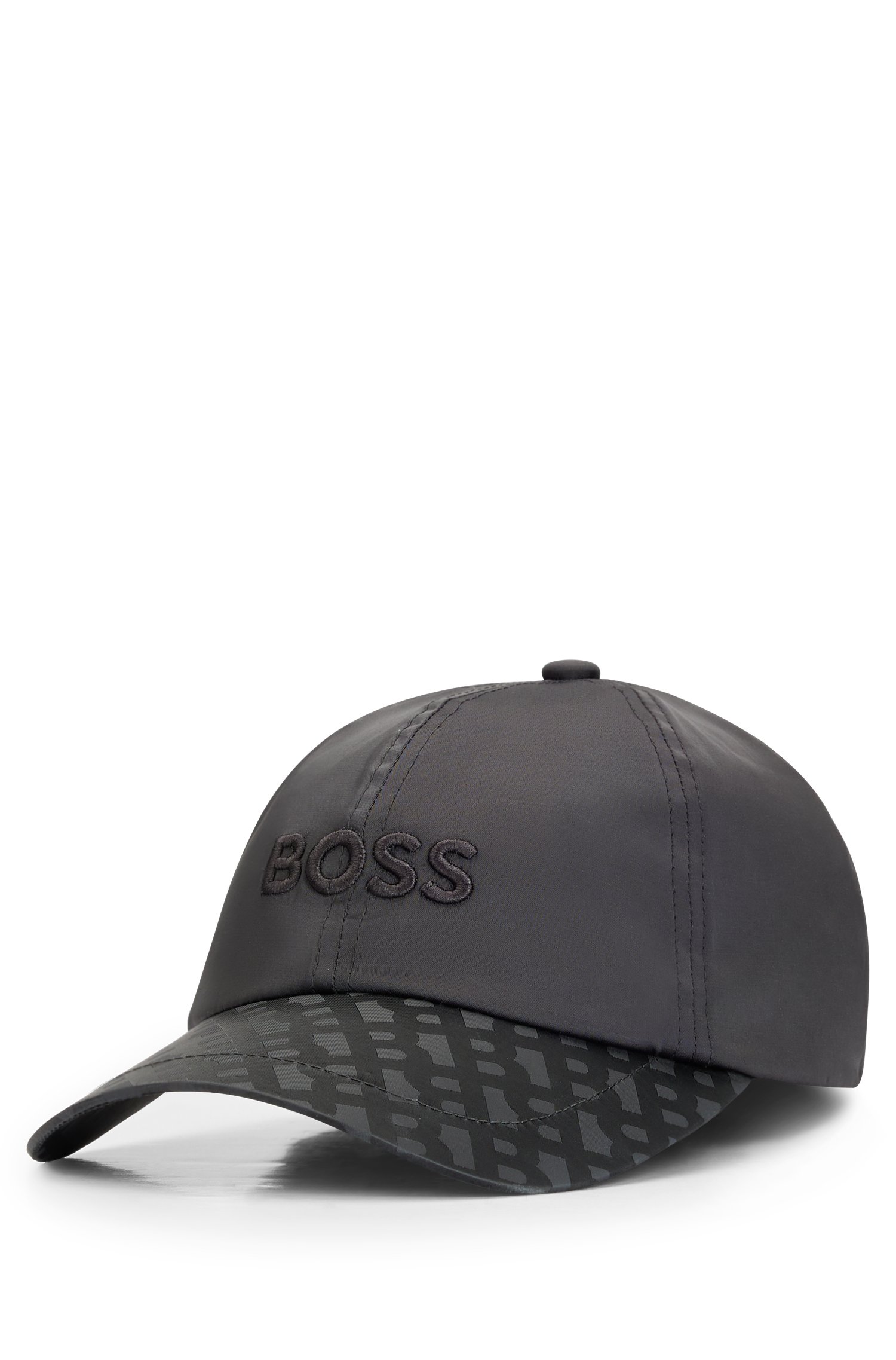 Satin cap with embroidered logo and monogram visor