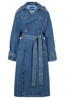 HUGO - Trench coat in blue denim with branded trims