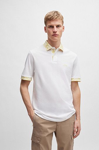 Cotton-piqué polo shirt with patterned trims, White