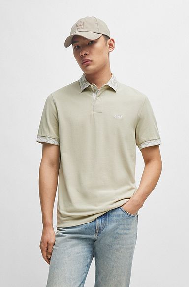 Cotton-piqué polo shirt with patterned trims, Light Beige
