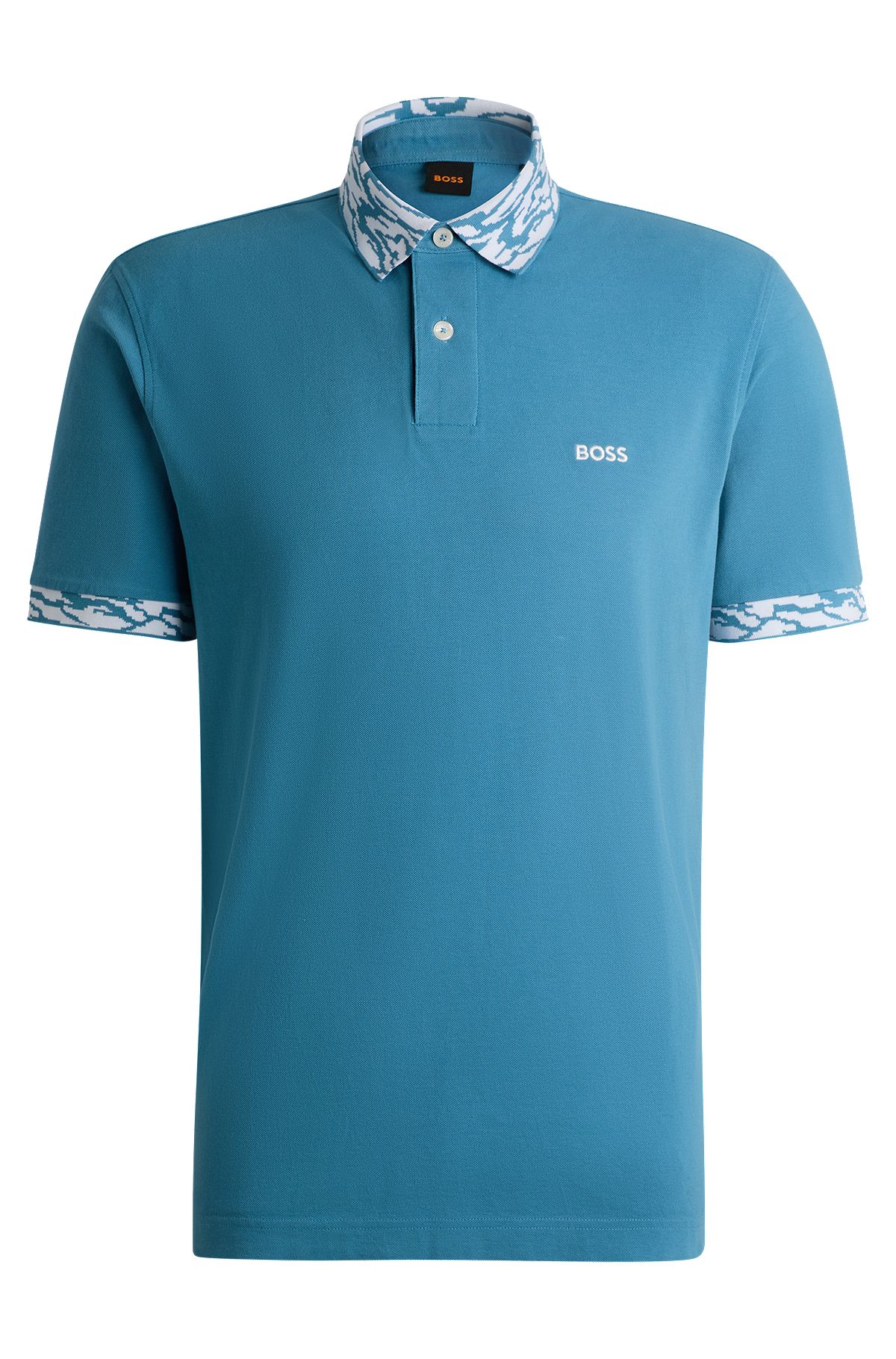 Cotton-piqué polo shirt with patterned trims, Light Blue