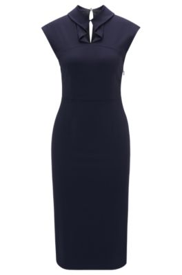 Shop Hugo Boss Sleeveless Dress In Stretch Fabric With Collar Detail In Dark Blue