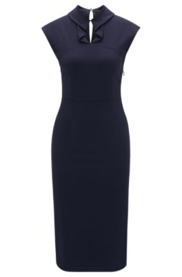 Sleeveless dress in stretch fabric with collar detail, Dark Blue
