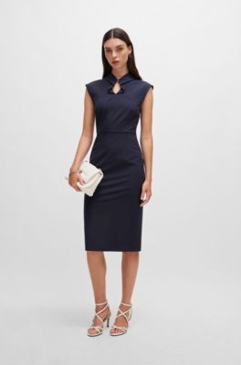 Sleeveless dress in stretch fabric with collar detail, Dark Blue