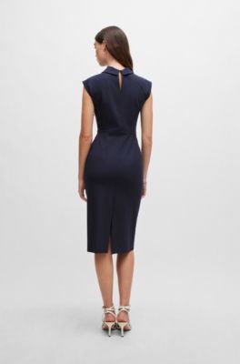 Sleeveless dress in stretch fabric with collar detail, Dark Blue