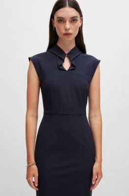 Sleeveless dress in stretch fabric with collar detail, Dark Blue
