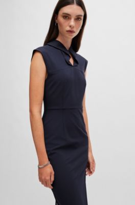 Sleeveless dress in stretch fabric with collar detail, Dark Blue