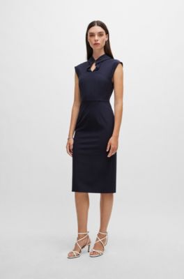 Sleeveless dress in stretch fabric with collar detail, Dark Blue