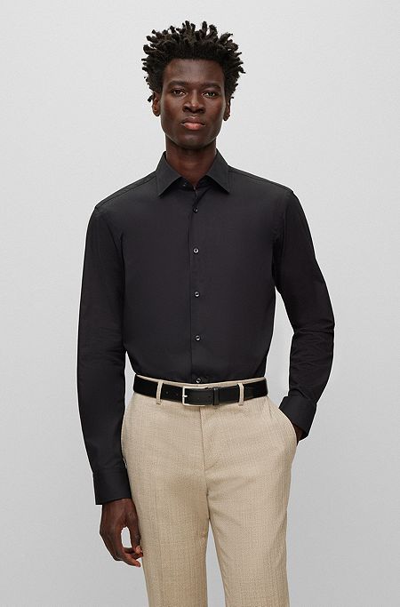 Camisa regular fit en popelín de algodón de planchado fácil, Negro