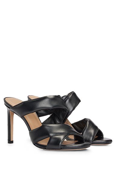 Open-toe mules in nappa leather with padded straps, Black