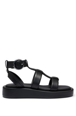 Platform leather sandals with branded buckle closure, Black