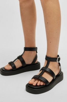 Platform leather sandals with branded buckle closure, Black