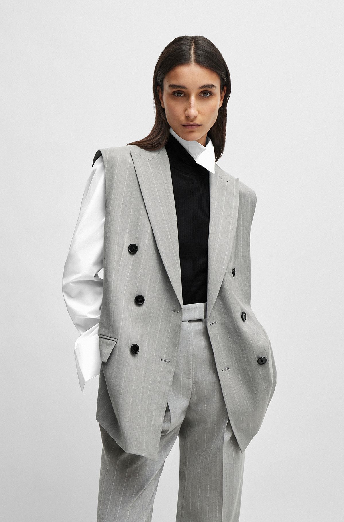 NAOMI x BOSS oversized sleeveless jacket in pinstripe virgin wool, Patterned