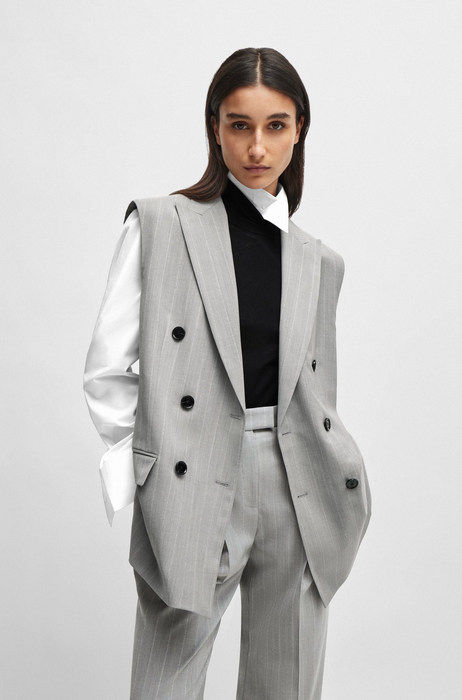 NAOMI x BOSS oversized sleeveless jacket pinstripe virgin wool