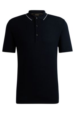 Shop Hugo Boss Mixed-structure Polo Sweater In Silk And Cotton In Dark Blue