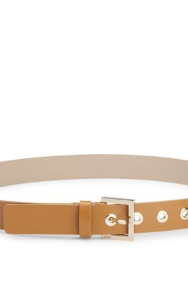 BOSS Italian-leather belt with gold-tone eyelets Beige