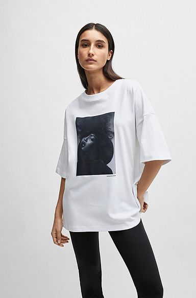 NAOMI x BOSS interlock-cotton T-shirt with dropped shoulders, White