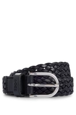 Shop Hugo Boss Woven Belt With Branded Leather Keeper And Polished Hardware In Black