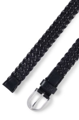 Ceinture tiss&eacute;e avec passant logot&eacute; en cuir et d&eacute;tail m&eacute;tallique lisse, Noir