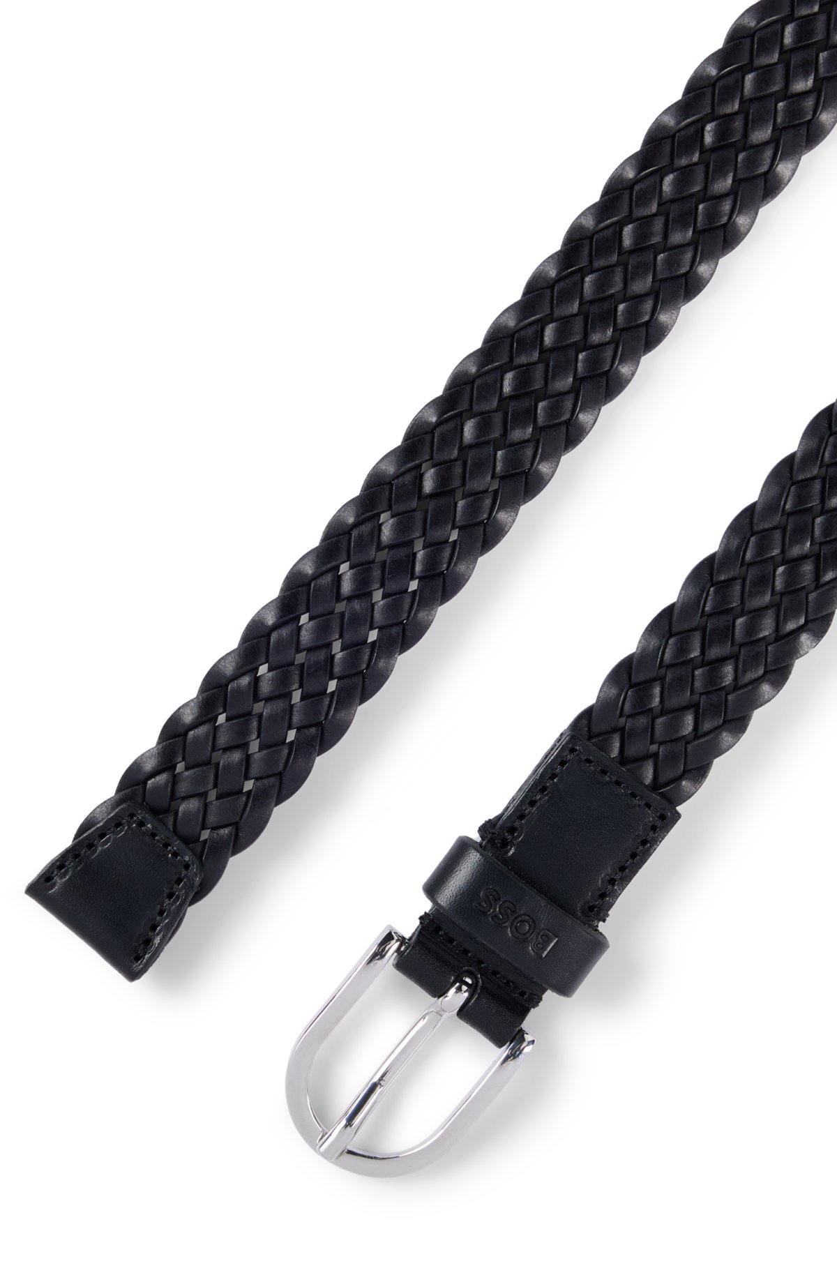 BOSS - Woven belt with branded leather keeper and polished hardware