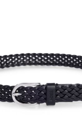 Ceinture tiss&eacute;e avec passant logot&eacute; en cuir et d&eacute;tail m&eacute;tallique lisse, Noir