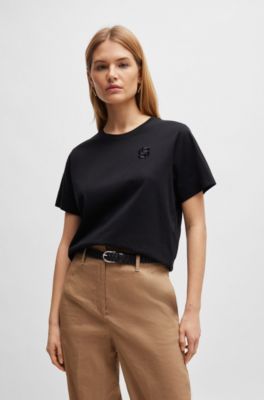 Ceinture tiss&eacute;e avec passant logot&eacute; en cuir et d&eacute;tail m&eacute;tallique lisse, Noir