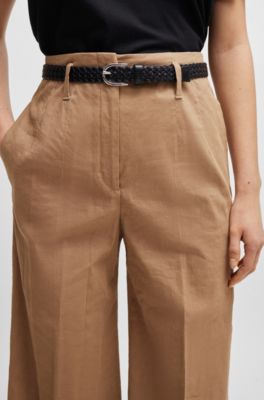 Ceinture tiss&eacute;e avec passant logot&eacute; en cuir et d&eacute;tail m&eacute;tallique lisse, Noir