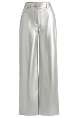 Hugo Relaxed-fit Trousers In Metallic Faux Leather In Silver