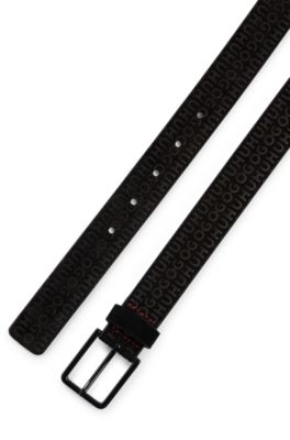 Ceinture en cuir su&eacute;d&eacute; &agrave; logos, Noir