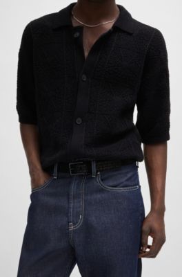 Ceinture en cuir su&eacute;d&eacute; &agrave; logos, Noir