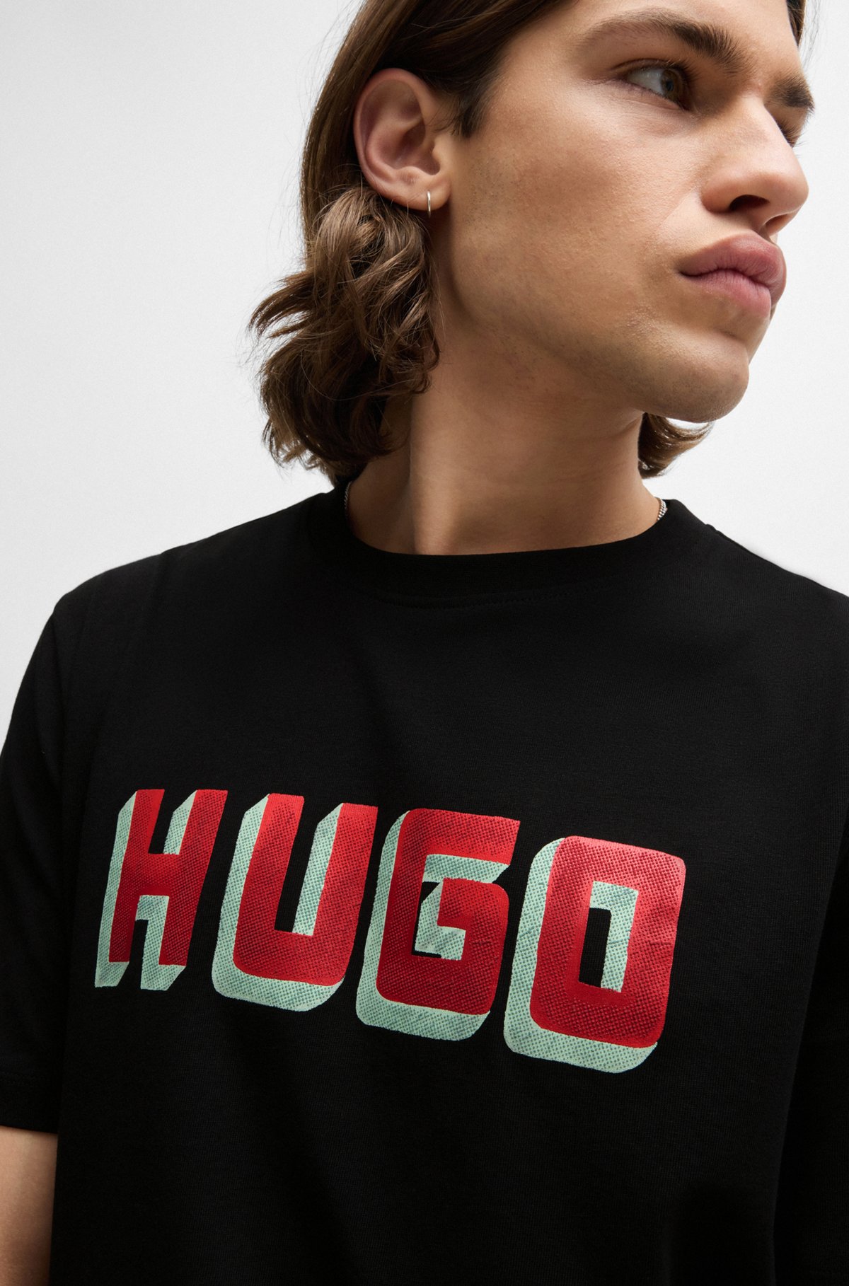 HUGO - Cotton-jersey T-shirt with logo print - Black HUGO - Cotton-jersey T-shirt with logo print - Black