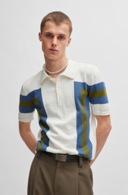HUGO - Short-sleeved knit polo in cotton with block stripes 