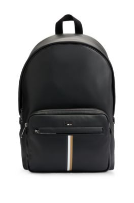 Hugo Boss Faux-leather Backpack With Signature Stripe In Black