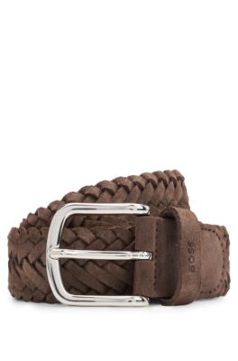Shop Hugo Boss Woven-suede Belt With Branded Keeper And Polished Hardware In Dark Brown