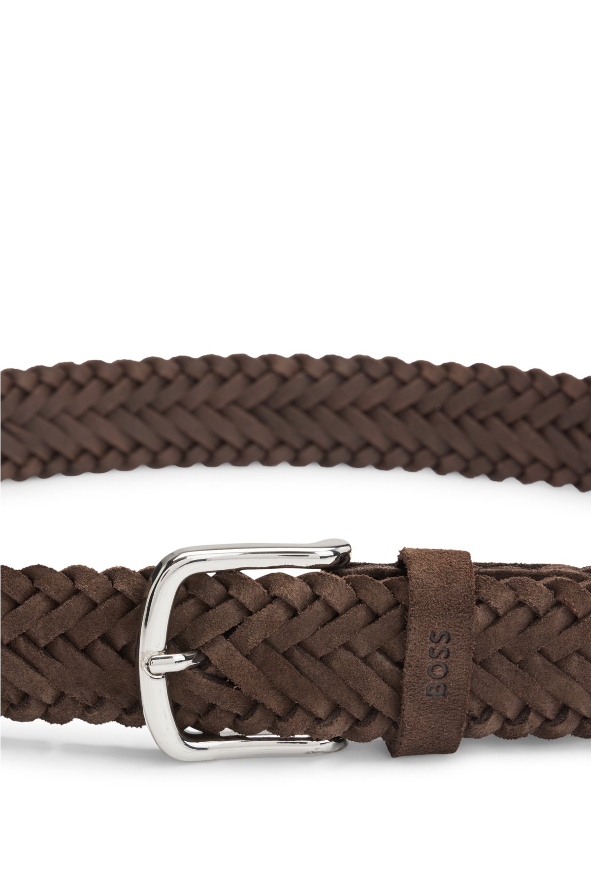 BOSS - Woven-suede belt with branded keeper and polished hardware