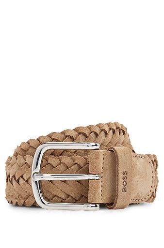 Woven-suede belt with branded keeper and polished hardware, Light Beige
