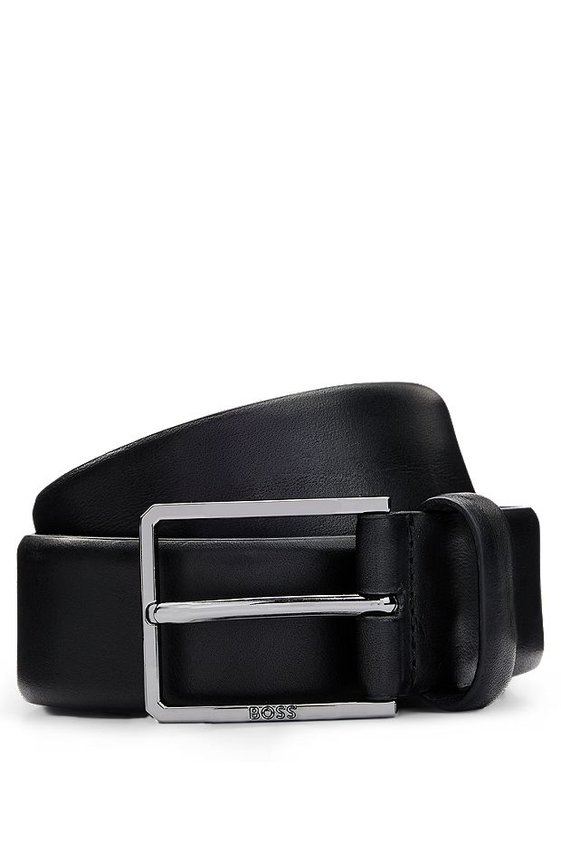 Italian-leather belt with polished gunmetal hardware, Black