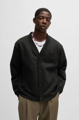 HUGO - Cotton-terry relaxed-fit cardigan with jelly logo - Black