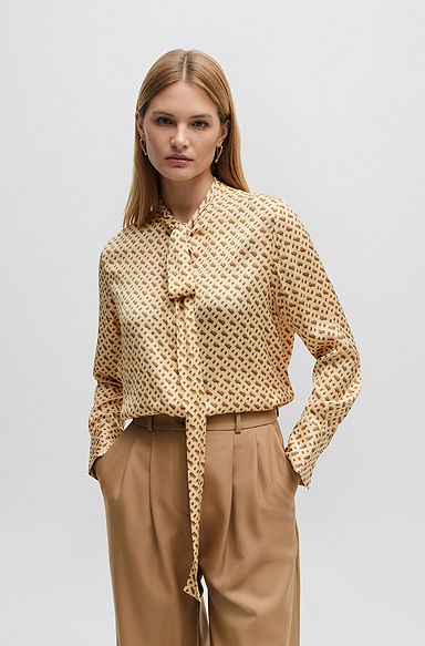 Relaxed-fit blouse in a monogram-print silk blend, Patterned