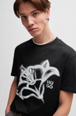 Cotton-jersey relaxed-fit T-shirt with floral artwork, Black