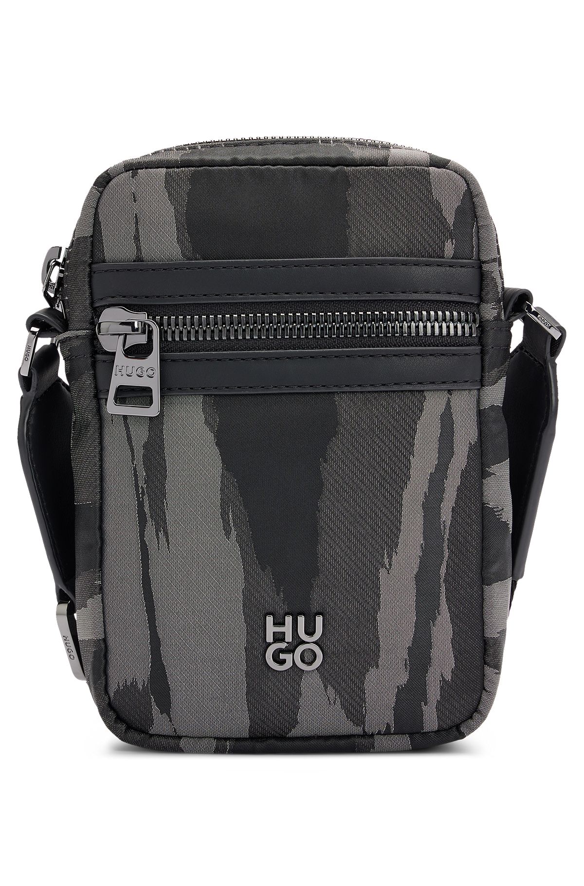 Stacked-logo reporter bag with seasonal pattern, Black