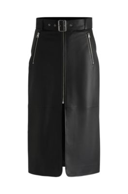 Hugo Boss Leather Midi Skirt With Zips And Belt In Black