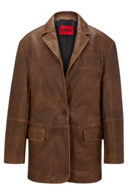 Hugo Boss Relaxed-fit Jacket In Vintage-effect Leather In Patterned