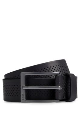 BOSS - Italian-leather belt with perforated strap and gunmetal buckle