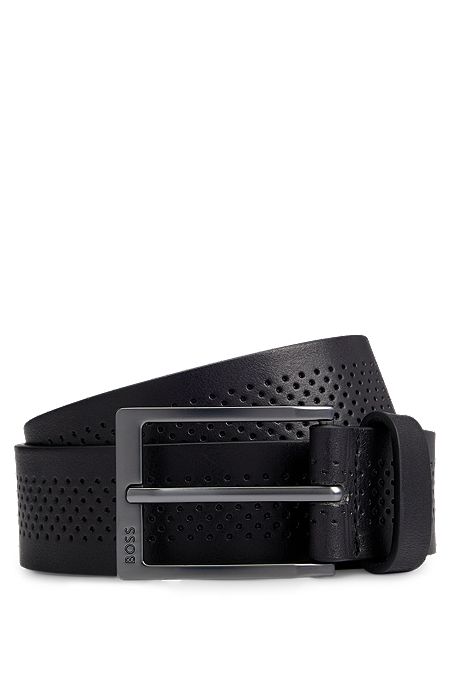 Cinturón de piel italiana con correa calada y hebilla de bronce industrial, Negro