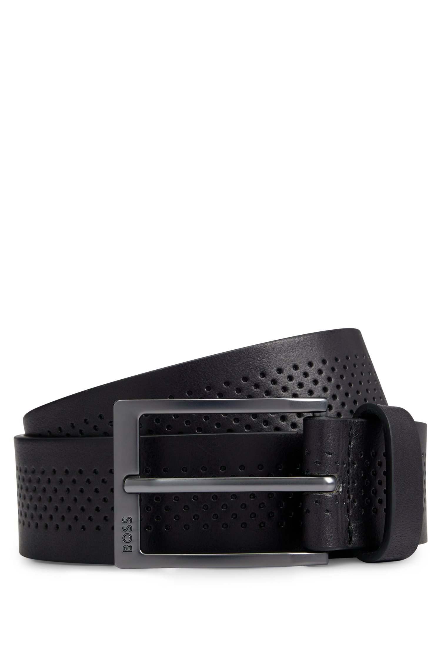 Italian-leather belt with perforated strap and gunmetal buckle