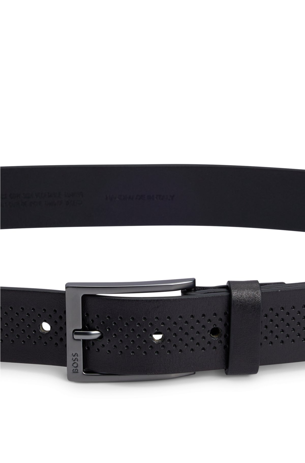 BOSS - Italian-leather belt with perforated strap and gunmetal buckle