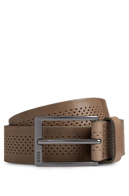 Cinturón de piel italiana con correa calada y hebilla de bronce industrial, Gris