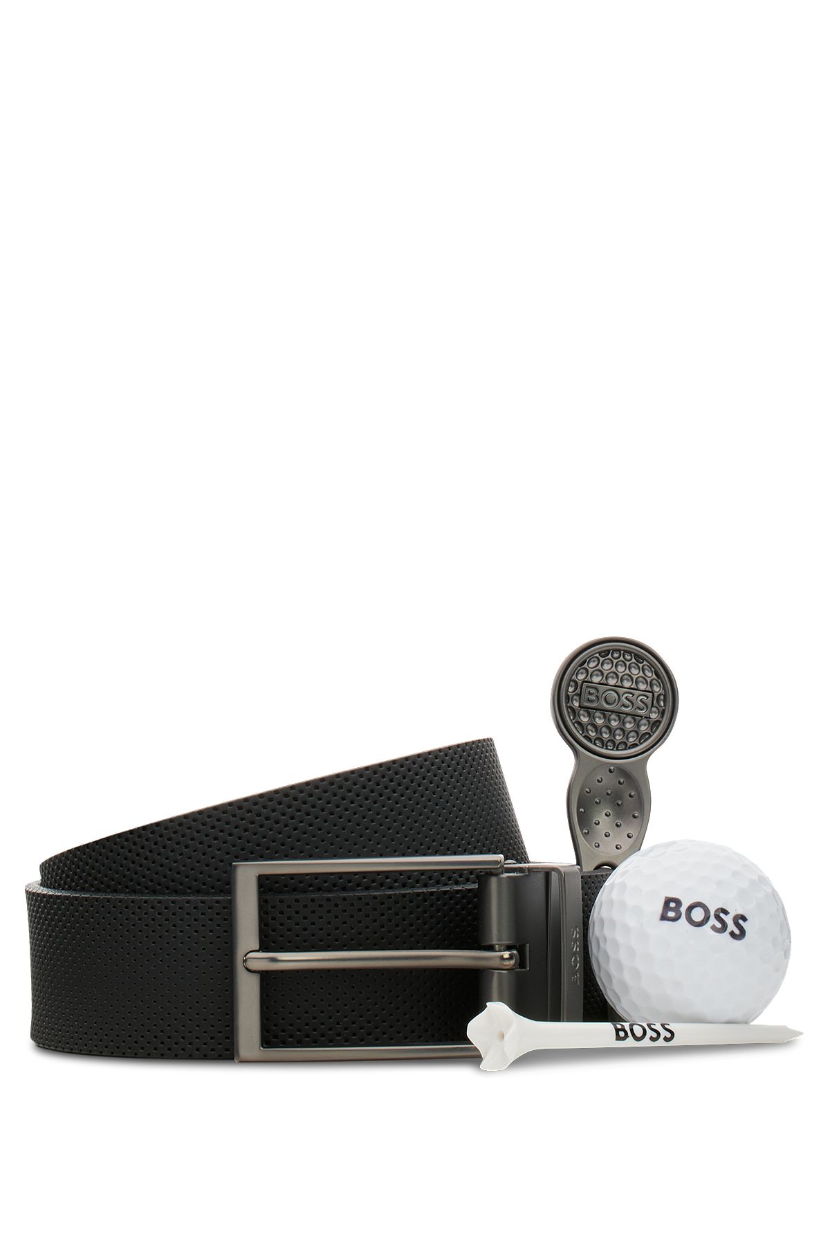 Idées de coffrets cadeaux avec ceinture réversible en cuir italien et accessoires de golf, Noir